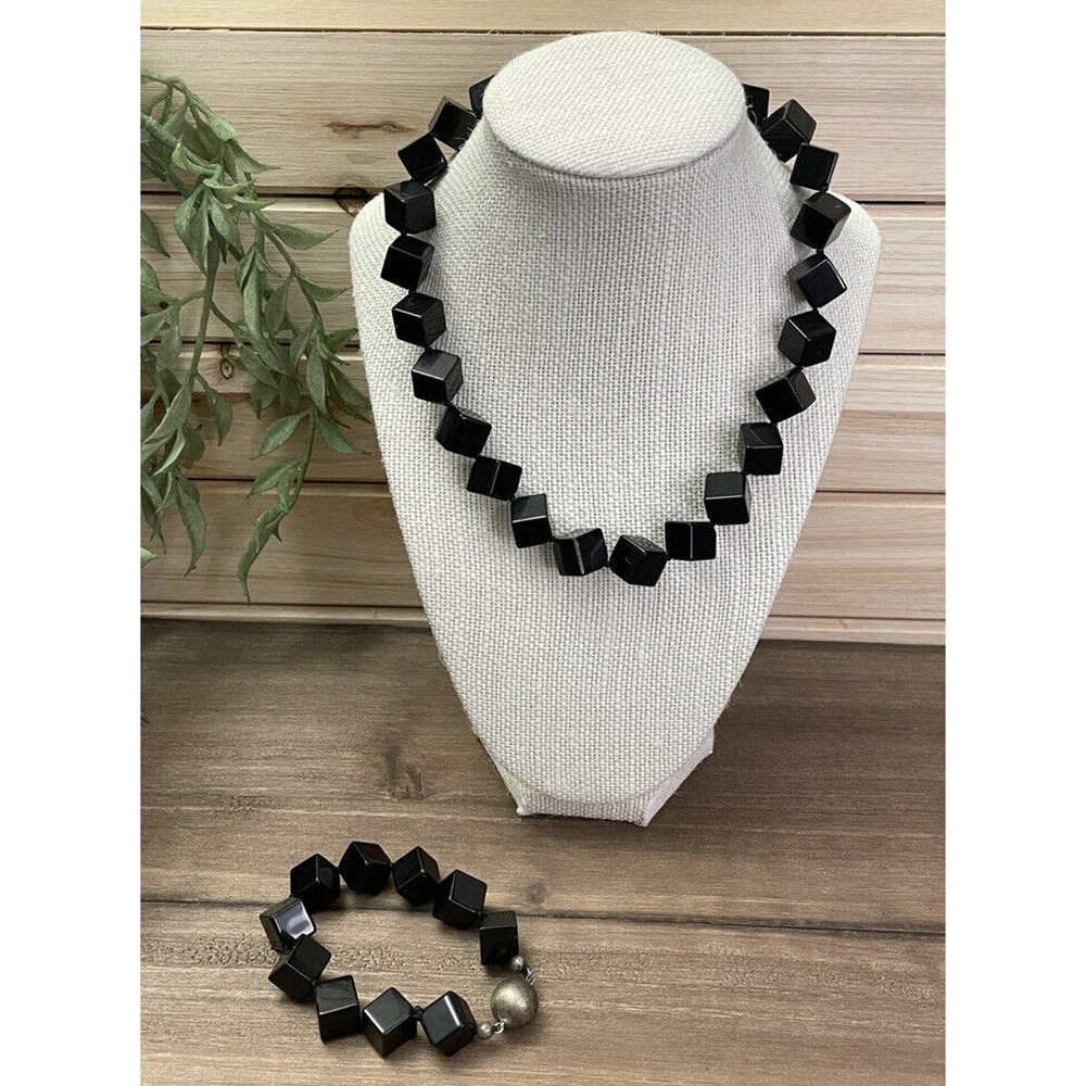 925 Sterling Silver Vintage Necklace Bracelet Set - Black Onyx - Art Deco - RARE